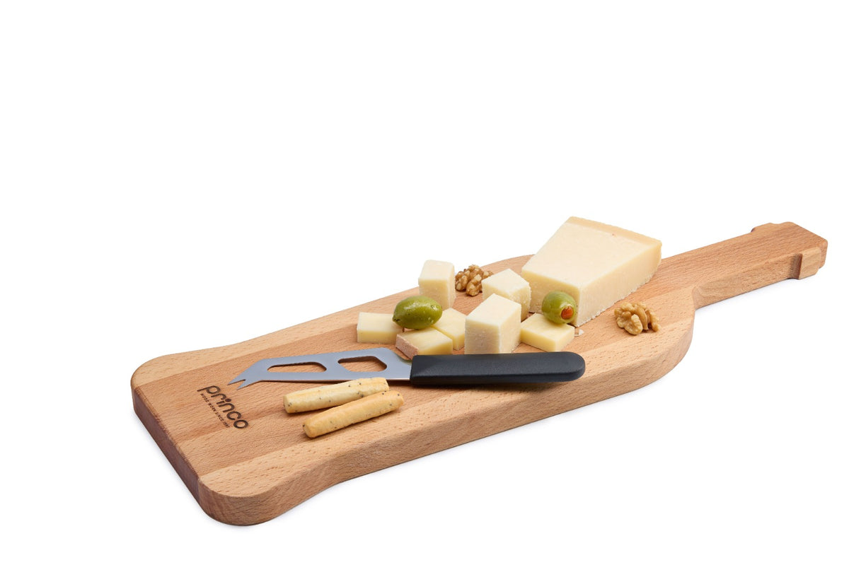 Elegant wine bottle-shaped beech wood board, perfect for serving cheese, cold cuts and appetizers alongside your favourite wine. Made from solid oiled beech, it is durable, food-safe and a stylish gift for wine lovers, hosts and restaurants. Size: 480 x 150 x 20 mm.