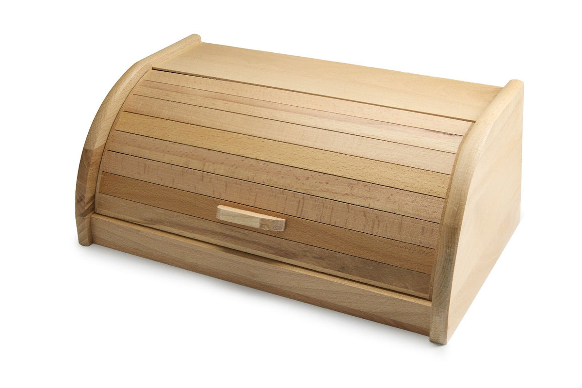 Solid beech wood bread box that keeps bread, rolls and pastries fresh longer. A timeless natural storage solution for any kitchen countertop. Size: 390 x 235 x 170 mm.