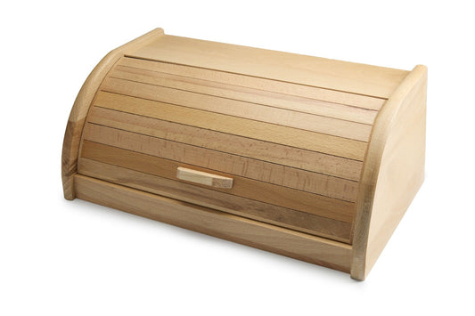 Solid beech wood bread box that keeps bread, rolls and pastries fresh longer. A timeless natural storage solution for any kitchen countertop. Size: 390 x 235 x 170 mm.