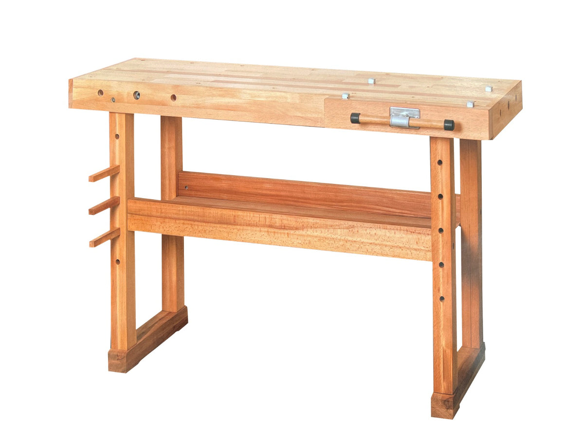 Sturdy solid beech wood hobby workbench for home workshops, garages and DIY projects. Stable construction with an oiled beech worktop built to last. Size: 1400 x 500 x 870 mm.