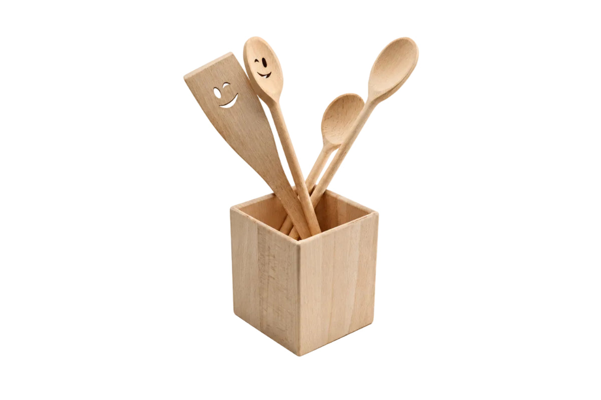 Compact beech wood kitchen utensil holder for spoons, spatulas and cutlery. Keeps your countertop tidy with a warm natural look. Solid oiled beech. Size: 130 x 90 x 90 mm.