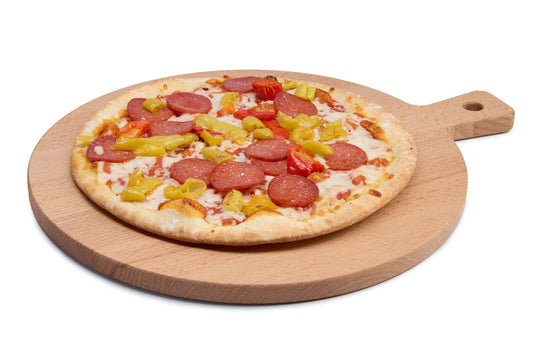 Large round beech wood board with handle, perfect as a pizza board, bread board or serving platter. Solid oiled beech offers a sturdy, knife-friendly surface for cutting and presenting food at home or in restaurants. Large size: 435 x 350 x 20 mm.